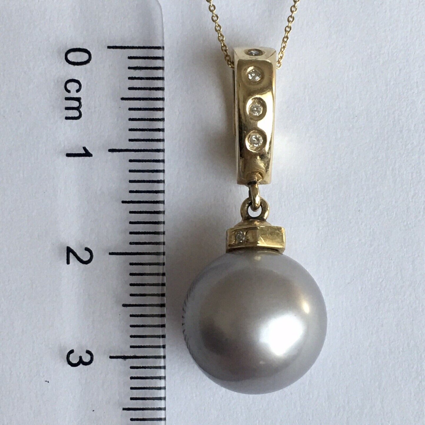 14k Real Yellow Gold Natural Gray South Sea Pearl Diamonds Pendant Perfect Round