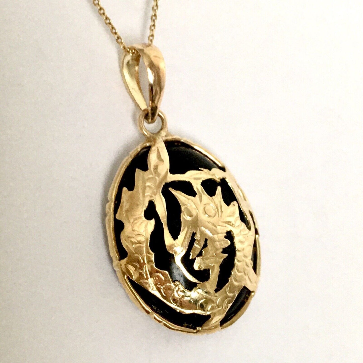 New 14k Solid Yellow Gold Black Onyx Pendant For Necklace, Powerful Dragon 2.5G