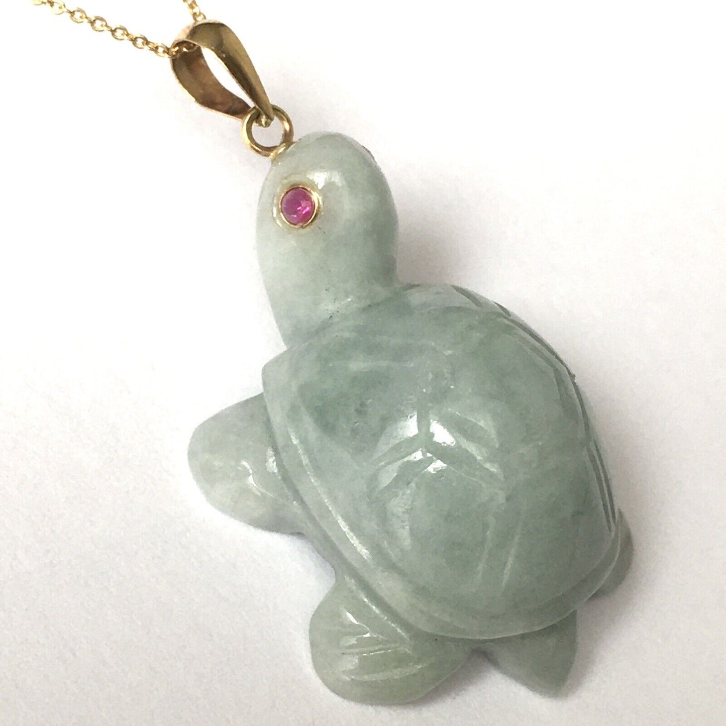 14k Solid Yellow Gold Natural Green Jade Turtle Pendant Ruby Eyes Hand Carved