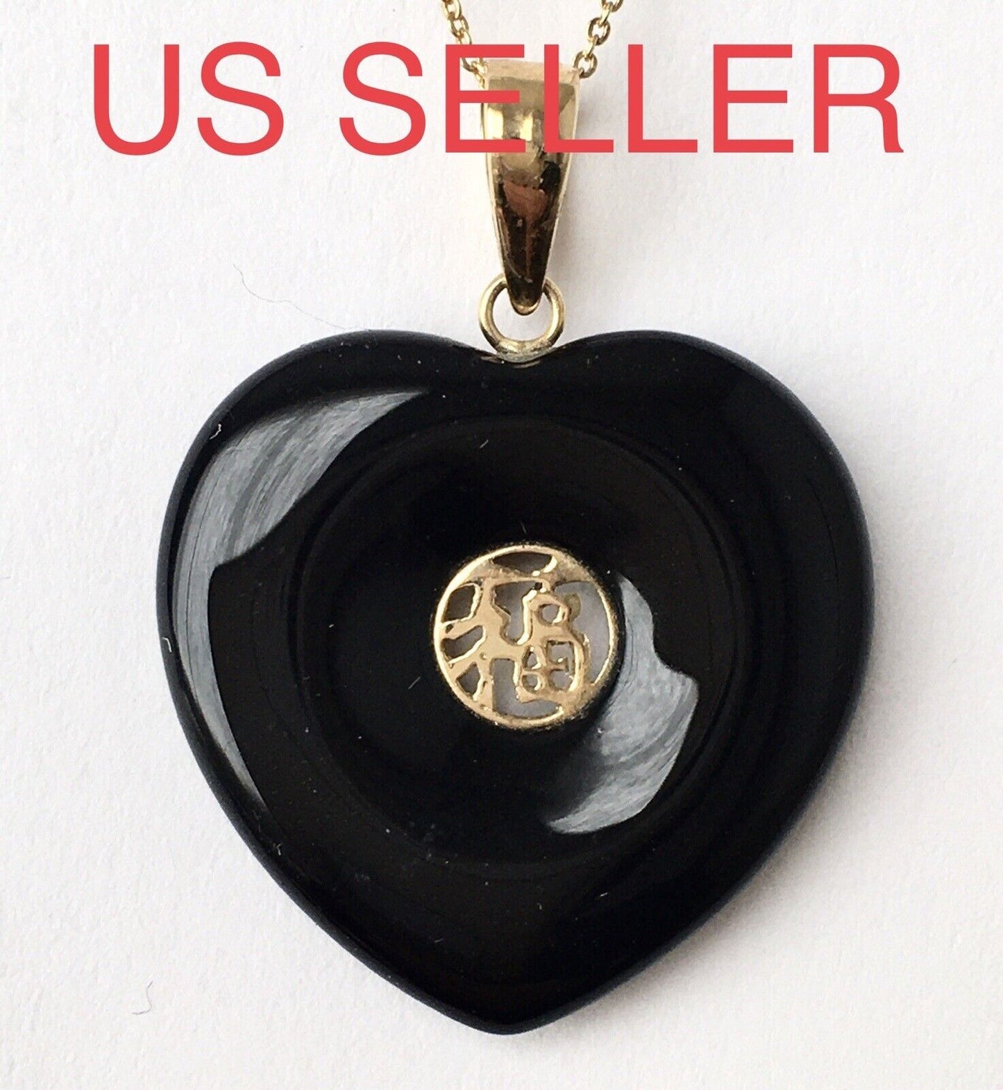 New 14k Solid Yellow Gold Black Onyx Love Heart Necklace Pendant Happiness 2.4g