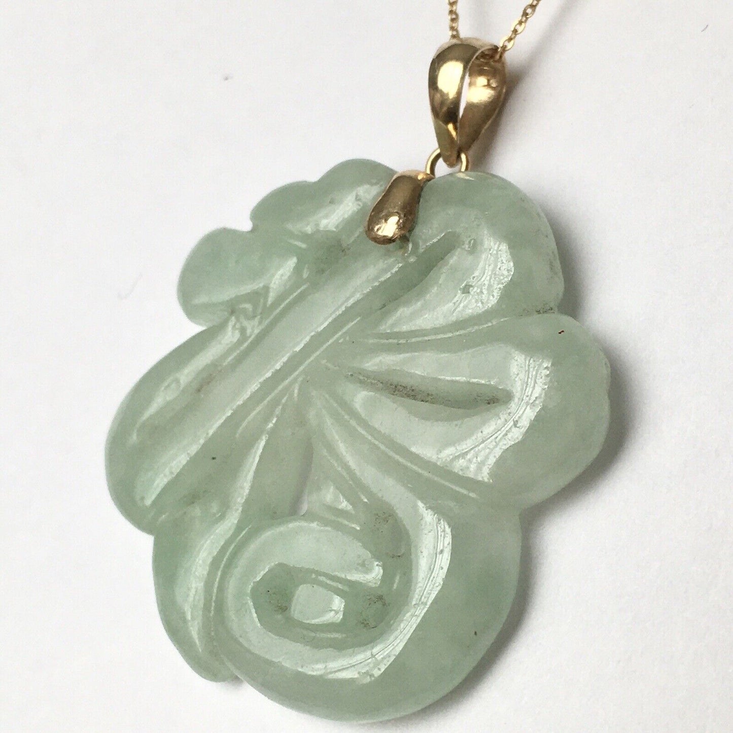 New 14k Solid Yellow Gold Green Jade Pendant “Happiness” Good Luck Hand Carved