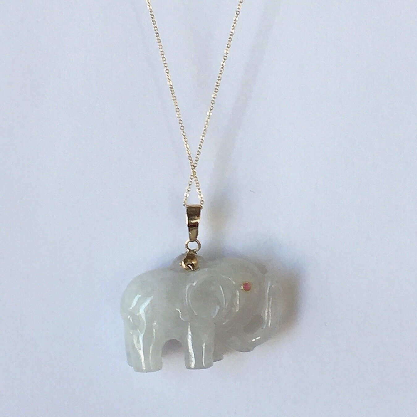 P-2850 New 14k Solid Yellow Gold Natural White Jade Elephant Pendant Ruby Eyes