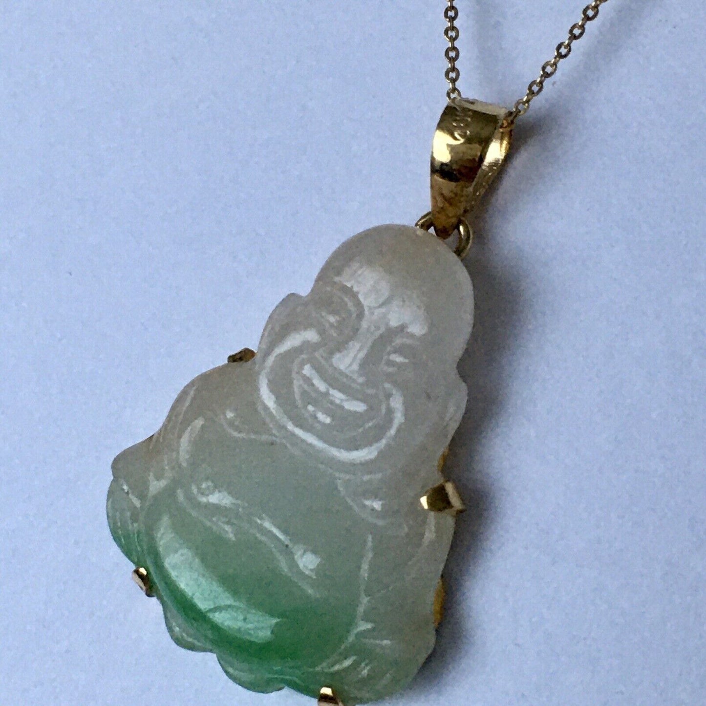 New 18k Solid Yellow Gold Natural Green White Jade Pendant Lucky Buddha 3.2g