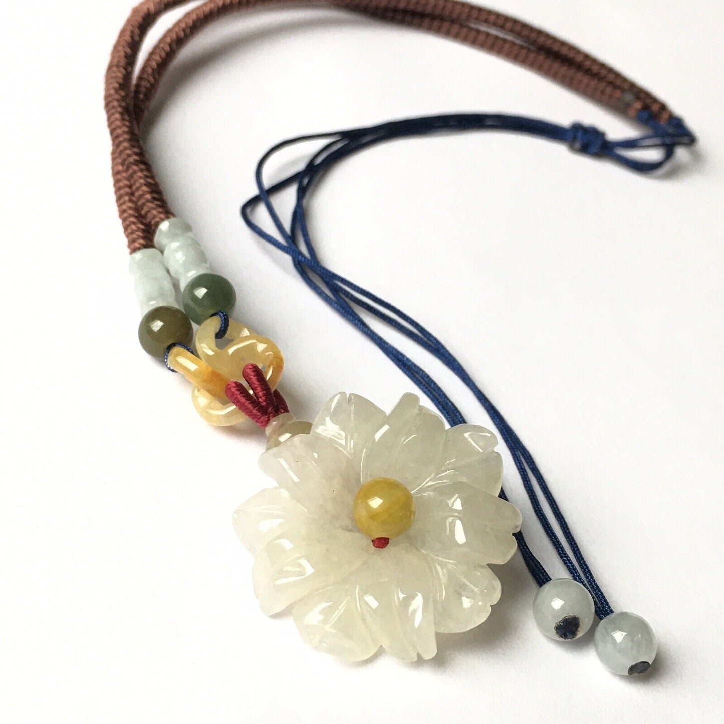 Macrame Handmade Genuine Carved Jade Flower Necklace adjustable 16~24”