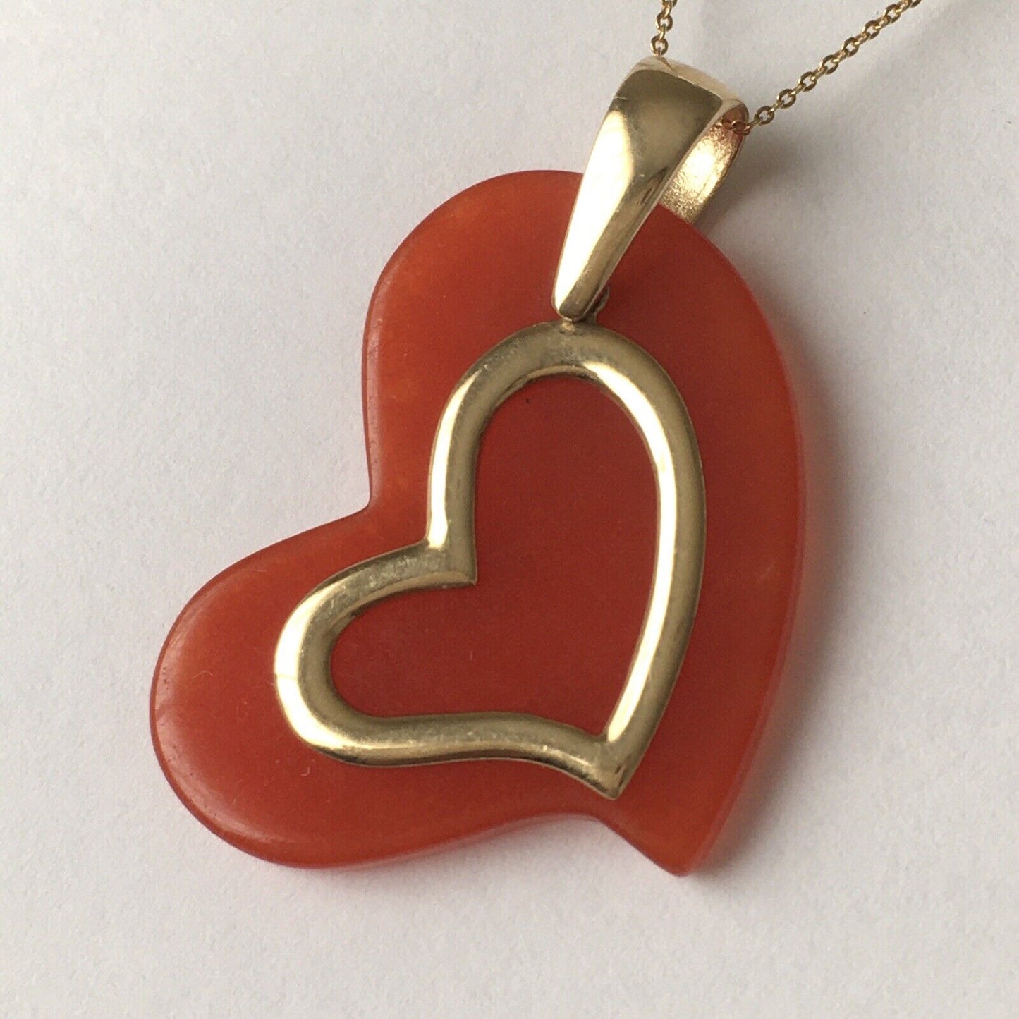 New 14k Solid Yellow Gold Natural Red Jade Love Heart Pendant Good Luck 4.0g