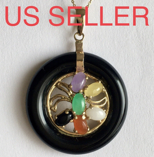 New 14k Solid Yellow Gold Circle Natural Multi Color Jade Onyx Flower Pendant