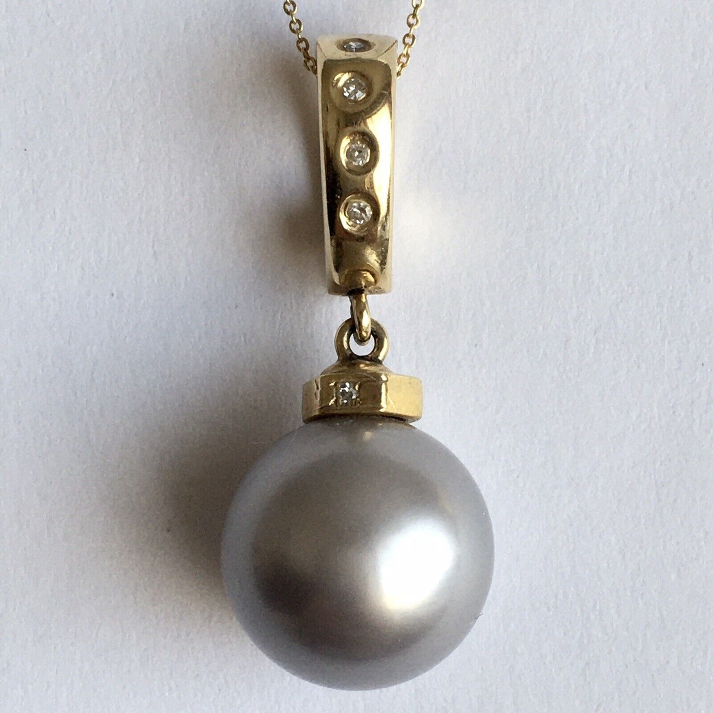 14k Real Yellow Gold Natural Gray South Sea Pearl Diamonds Pendant Perfect Round