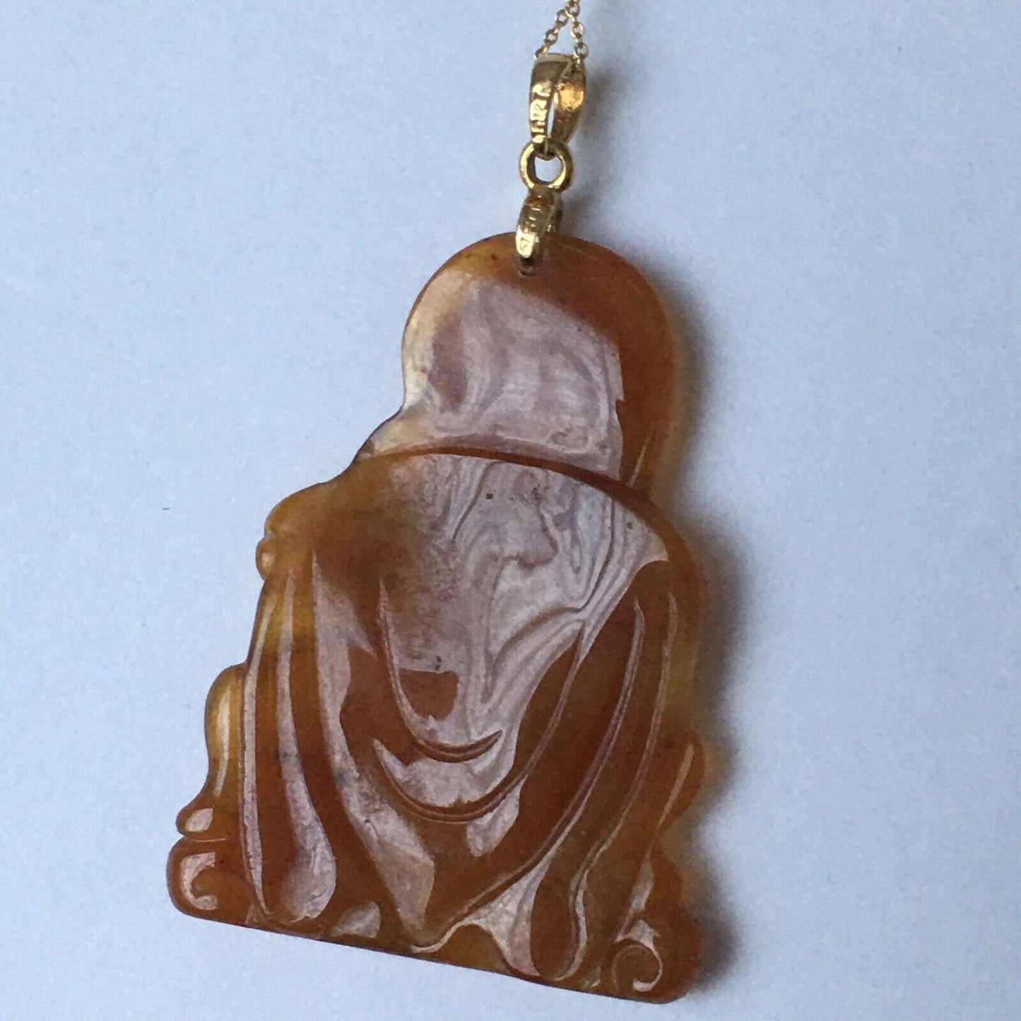 18k Solid Yellow Gold Natural Brown Jade Pendant Lucky Buddha 3.2g Hand Carved