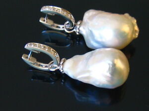 Q2350 14k Solid White Gold Big Natural Biwa Pearl Diamond Earrings Huggie Dangle