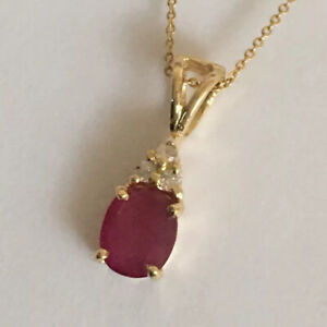 P-95160 New 14k Solid Yellow Gold Genuine Oval Solitary Ruby Diamond Pendant